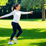 A vibrant, healthy-looking individual, fully clothed in modest, modern athletic wear, is engaged in a moderate outdoor exercise in a bright, sunlit park. The person is captured in a dynamic yet natural pose, illustrating vitality and the active stimulation of the immune system. The background features lush green foliage and a clear blue sky, evoking a sense of well-being. Professional photography, high-resolution, sharp focus, natural lighting, perfect anatomy, correct proportions, well-formed hands, proper finger count, natural body proportions, safe for work, appropriate content, fully clothed, family-friendly.