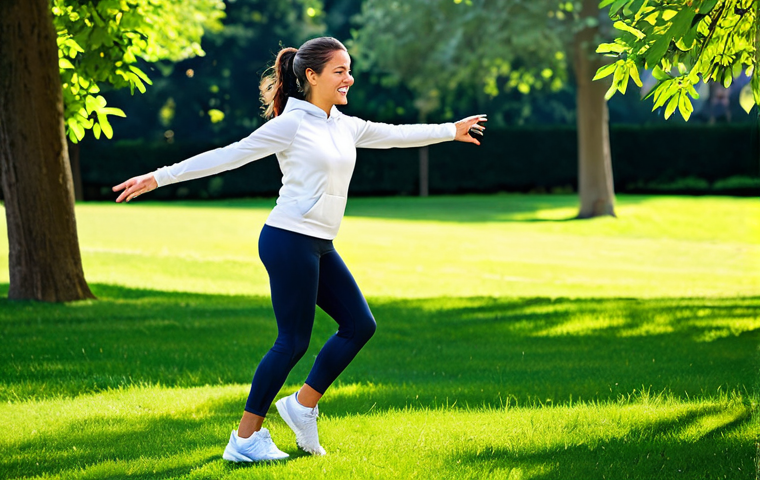 A vibrant, healthy-looking individual, fully clothed in modest, modern athletic wear, is engaged in a moderate outdoor exercise in a bright, sunlit park. The person is captured in a dynamic yet natural pose, illustrating vitality and the active stimulation of the immune system. The background features lush green foliage and a clear blue sky, evoking a sense of well-being. Professional photography, high-resolution, sharp focus, natural lighting, perfect anatomy, correct proportions, well-formed hands, proper finger count, natural body proportions, safe for work, appropriate content, fully clothed, family-friendly.