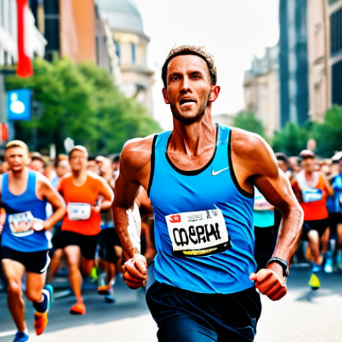 A focused male endurance runner mid-marathon, fully clothed in professional, modest running attire, perfectly proportioned, running naturally on a vibrant city marathon course. The image captures a subtle shift in his energy, hinting at the body's transition between fuel sources. The background features other diverse runners and cheering spectators, all in appropriate content. The atmosphere is energetic and determined. Professional photography, high detail, correct proportions, well-formed hands, natural body proportions. safe for work, appropriate content, fully clothed, professional.
