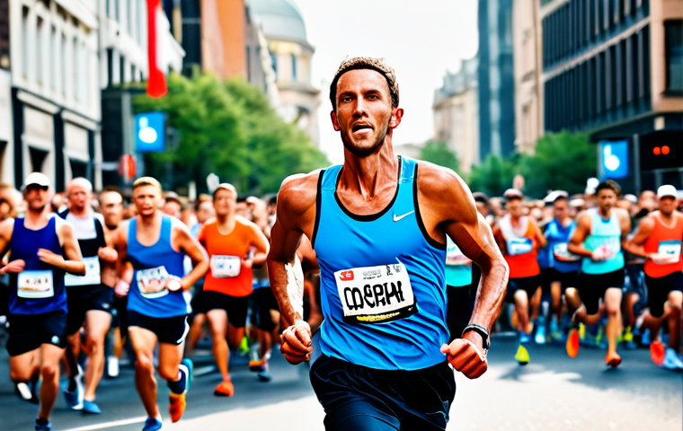 A focused male endurance runner mid-marathon, fully clothed in professional, modest running attire, perfectly proportioned, running naturally on a vibrant city marathon course. The image captures a subtle shift in his energy, hinting at the body's transition between fuel sources. The background features other diverse runners and cheering spectators, all in appropriate content. The atmosphere is energetic and determined. Professional photography, high detail, correct proportions, well-formed hands, natural body proportions. safe for work, appropriate content, fully clothed, professional.