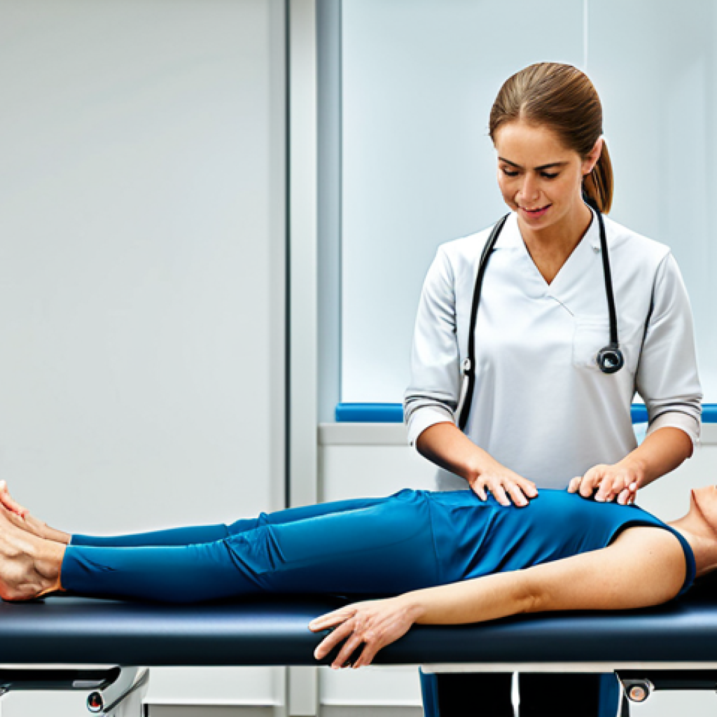**

"A professional physical therapist assisting a patient with rehabilitation exercises in a modern clinic. The patient is fully clothed in appropriate workout attire, performing a light stretching exercise. The clinic is well-equipped with various rehabilitation equipment. Safe for work, appropriate content, fully clothed, professional, perfect anatomy, natural pose."

**