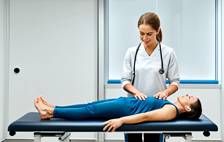 **

"A professional physical therapist assisting a patient with rehabilitation exercises in a modern clinic. The patient is fully clothed in appropriate workout attire, performing a light stretching exercise. The clinic is well-equipped with various rehabilitation equipment. Safe for work, appropriate content, fully clothed, professional, perfect anatomy, natural pose."

**