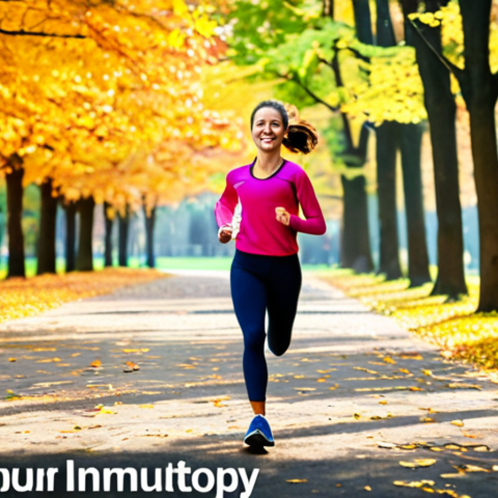 운동과 면역체계 관계 - **Image Prompt:** A vibrant scene depicting a woman jogging in a park filled with autumn foliage, we...