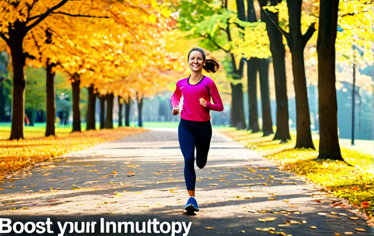 운동과 면역체계 관계 - **Image Prompt:** A vibrant scene depicting a woman jogging in a park filled with autumn foliage, we...