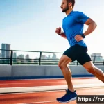 Home 21 마라톤 훈련 주기화 - A detailed scene of a male runner in his mid-30s performing interval training on a modern urban runn...