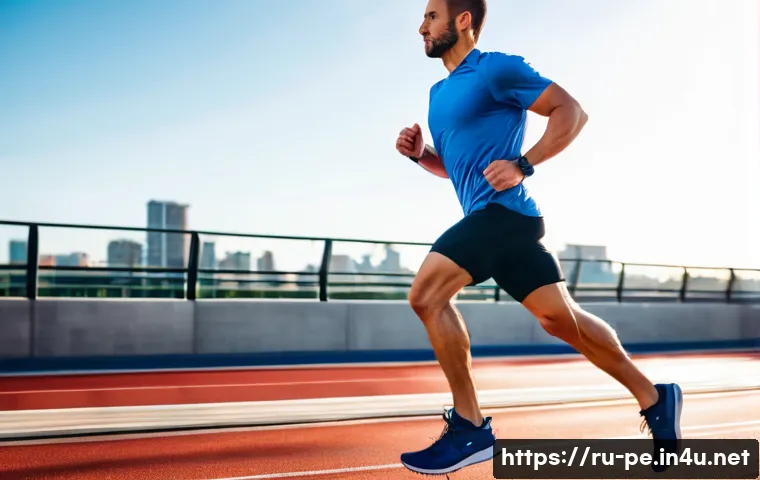 마라톤 훈련 주기화 - A detailed scene of a male runner in his mid-30s performing interval training on a modern urban runn...