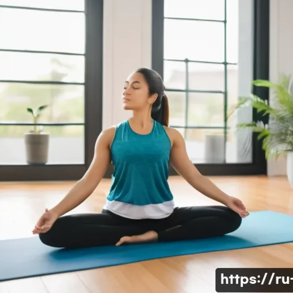 운동 후 근육통 완화법 - A serene indoor yoga studio scene featuring a young adult woman performing a gentle stretching pose ...