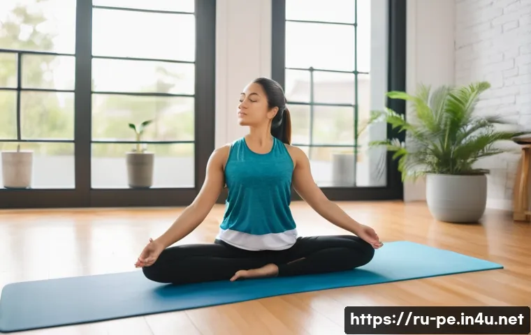 운동 후 근육통 완화법 - A serene indoor yoga studio scene featuring a young adult woman performing a gentle stretching pose ...