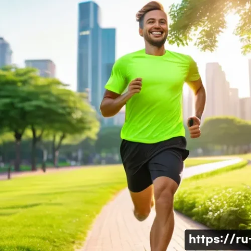 Home 31 운동과 성장호르몬 분비 - A fit young man jogging in a vibrant urban park during early morning light, wearing sporty running s...