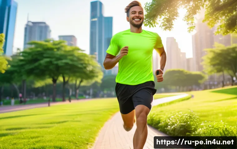 운동과 성장호르몬 분비 - A fit young man jogging in a vibrant urban park during early morning light, wearing sporty running s...