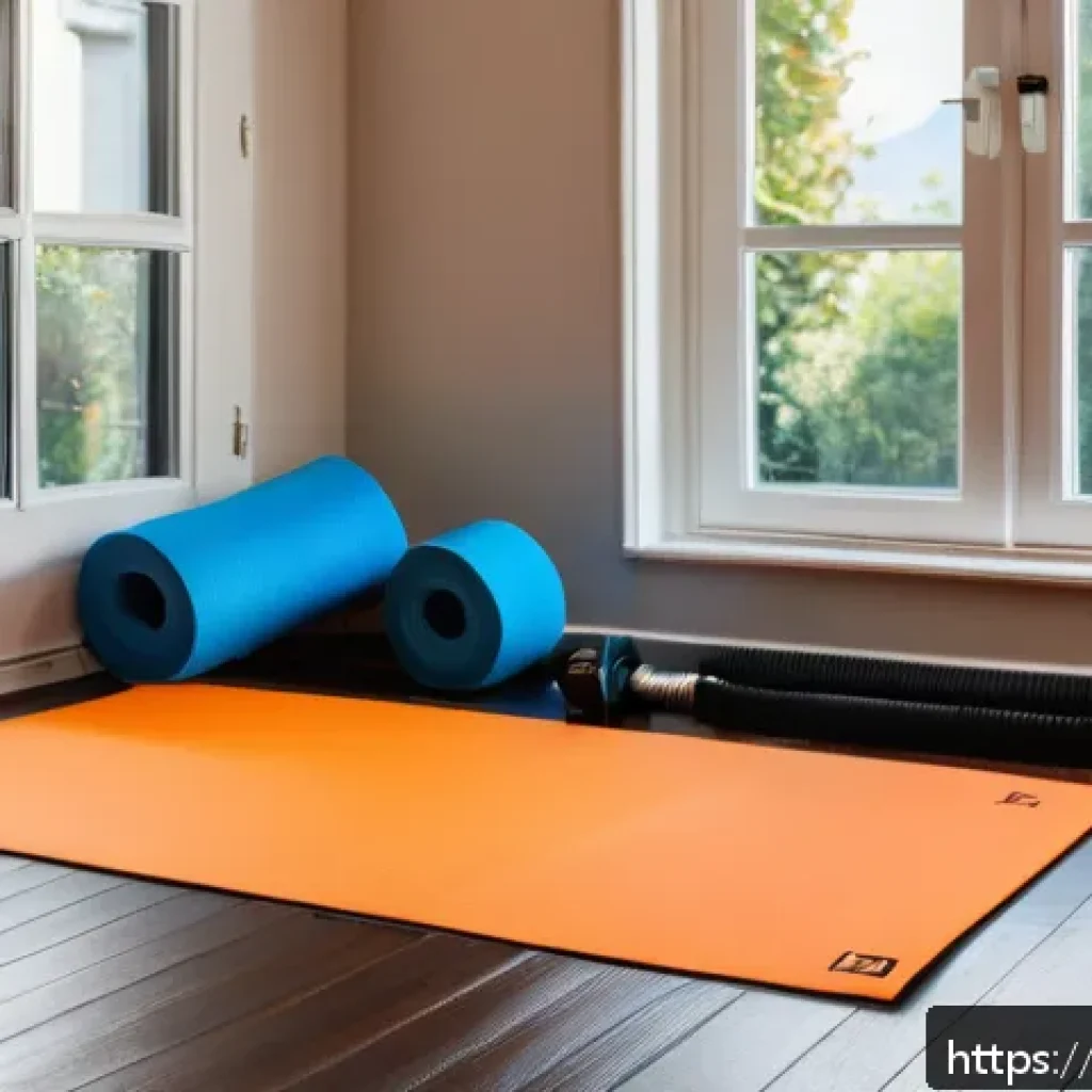 칼리스테닉스 훈련법 - A cozy, well-lit home workout corner featuring a yoga mat laid out on a wooden floor, with resistanc...