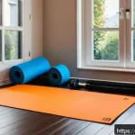 Home 23 칼리스테닉스 훈련법 - A cozy, well-lit home workout corner featuring a yoga mat laid out on a wooden floor, with resistanc...