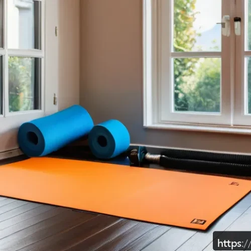 Home 17 칼리스테닉스 훈련법 - A cozy, well-lit home workout corner featuring a yoga mat laid out on a wooden floor, with resistanc...