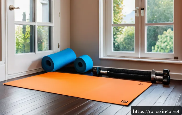 칼리스테닉스 훈련법 - A cozy, well-lit home workout corner featuring a yoga mat laid out on a wooden floor, with resistanc...