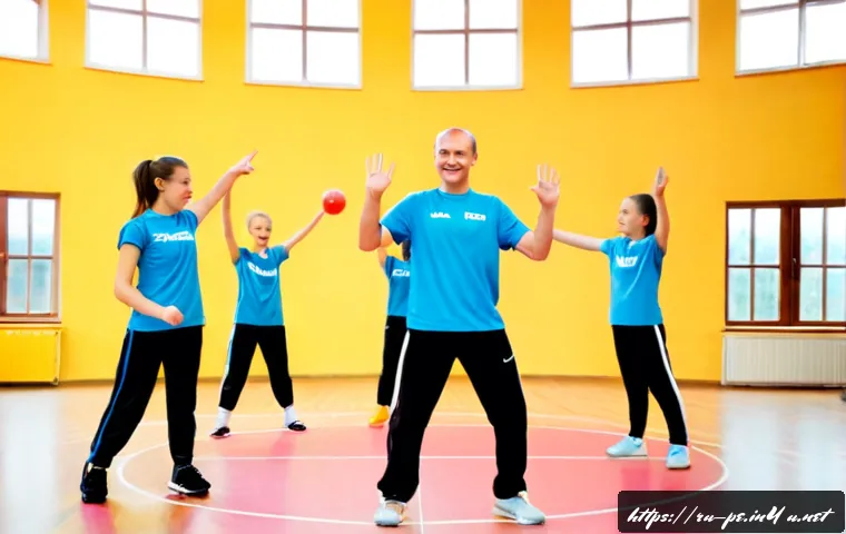 Home 30 체육 수업에서 활용할 수 있는 게임 - Photorealistic Russian secondary school physical education class playing a cooperative relay game in...