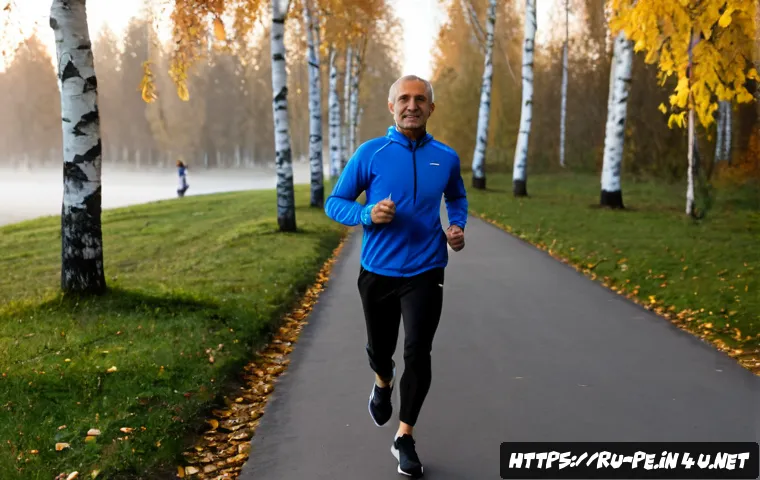 Home 17 심폐지구력 훈련법 - Photorealistic early-morning cardio endurance training in a Russian city park, fit middle-aged man a...
