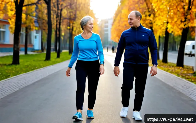 Home 17 운동이 대사증후군 예방에 미치는 역할 - Photorealistic morning scene in a Moscow city park: a healthy middle-aged Russian couple in modest a...